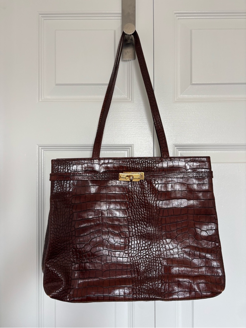 Croc-Embossed Structured Tote in Dark Brown leather